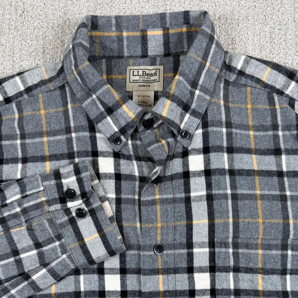 LL Bean Mens Large Tall Grey Plaid Slim Fit Flannel Button Down Shirt 511508